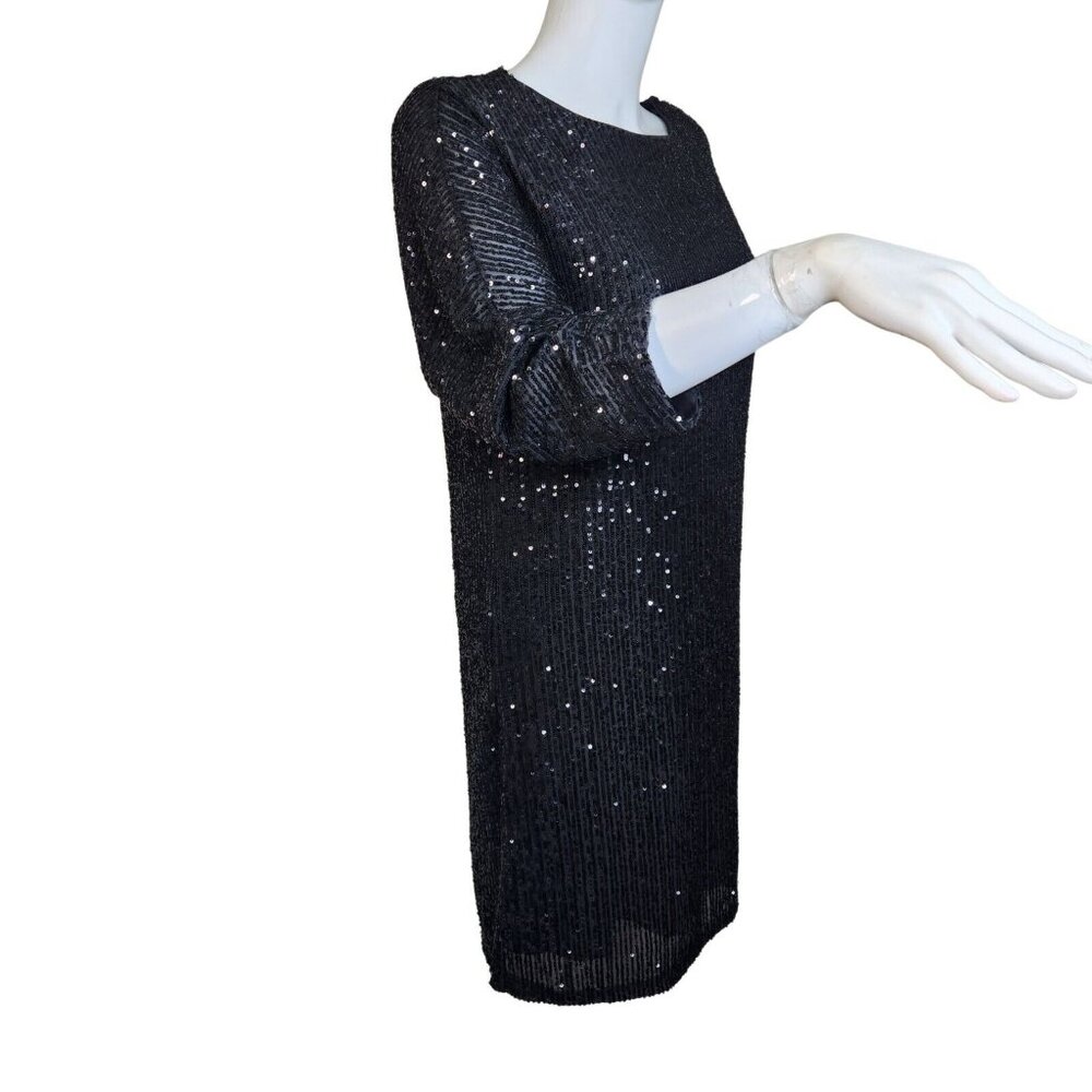 VINCE CAMUTO Women's Sparkle Black Sequin 3/4 Sleeve Mid Dress Size XS (12) - Picture 2 of 15
